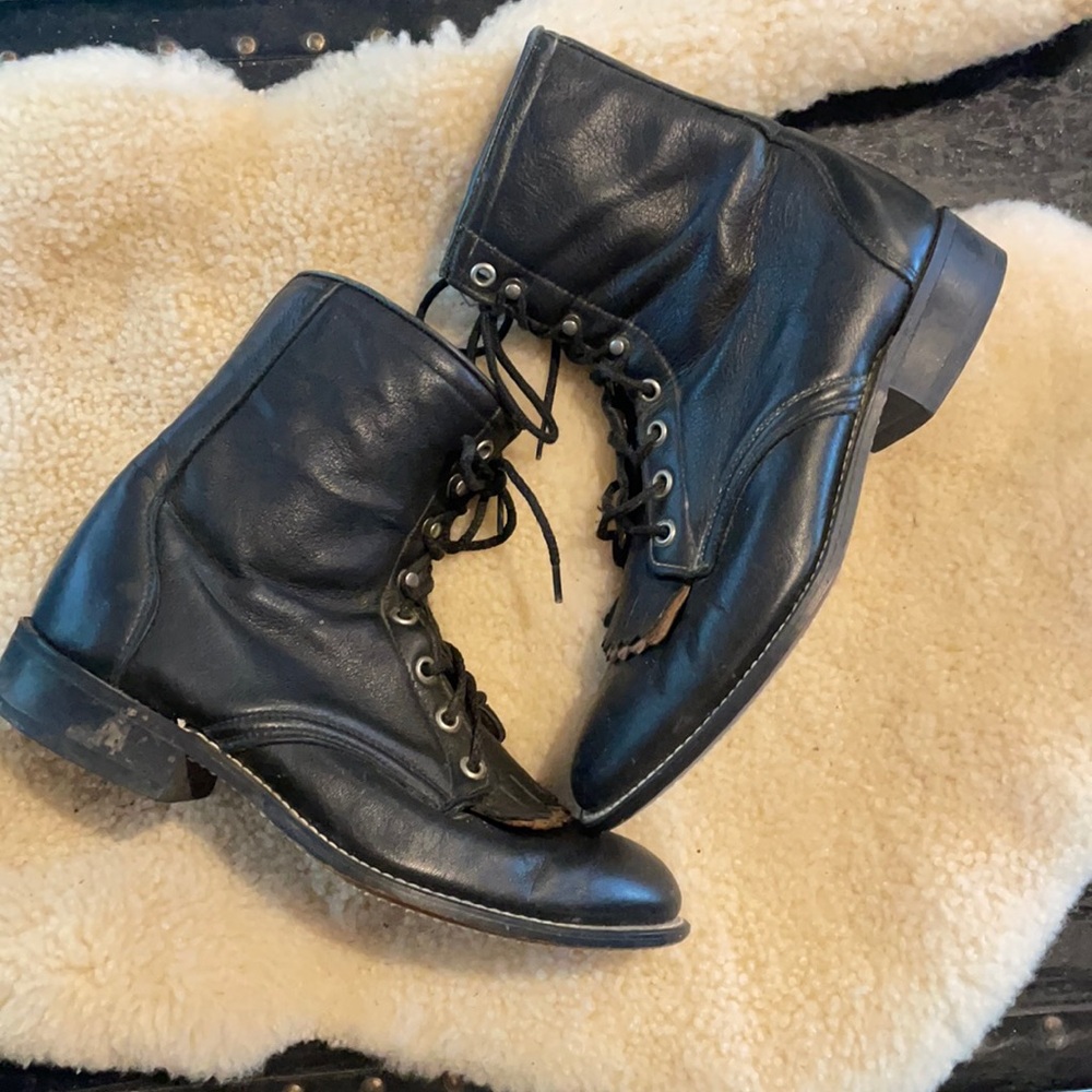 Vintage Black Leather Combat Moto Boots